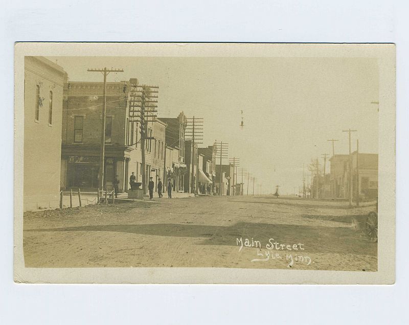 Corner of Grove Street and Main Street in Lyle, Minnesota circa 1908